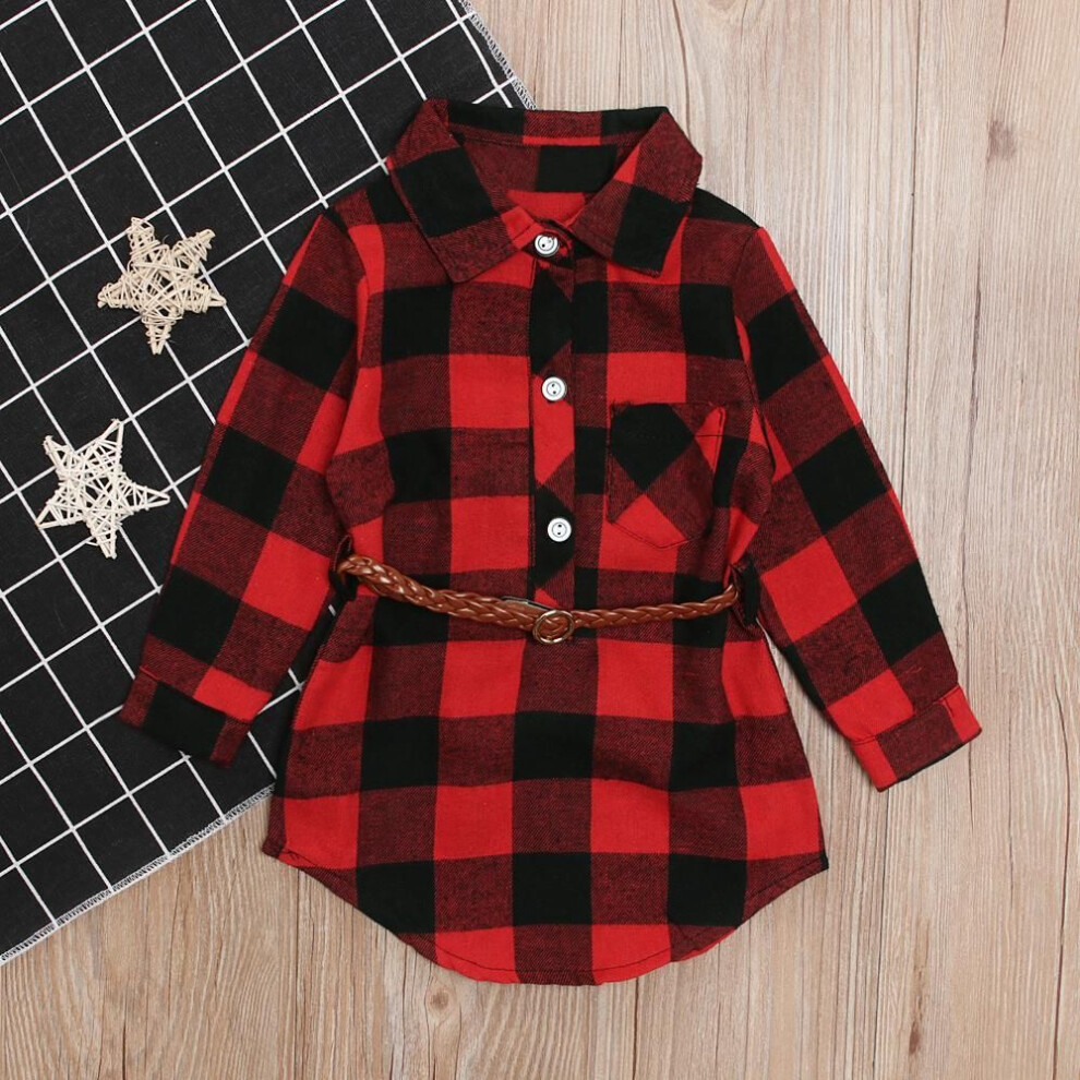 (red, 110) Kids Girls Plaid Cotton Soft Long Sleeve Dress Casual Outfits