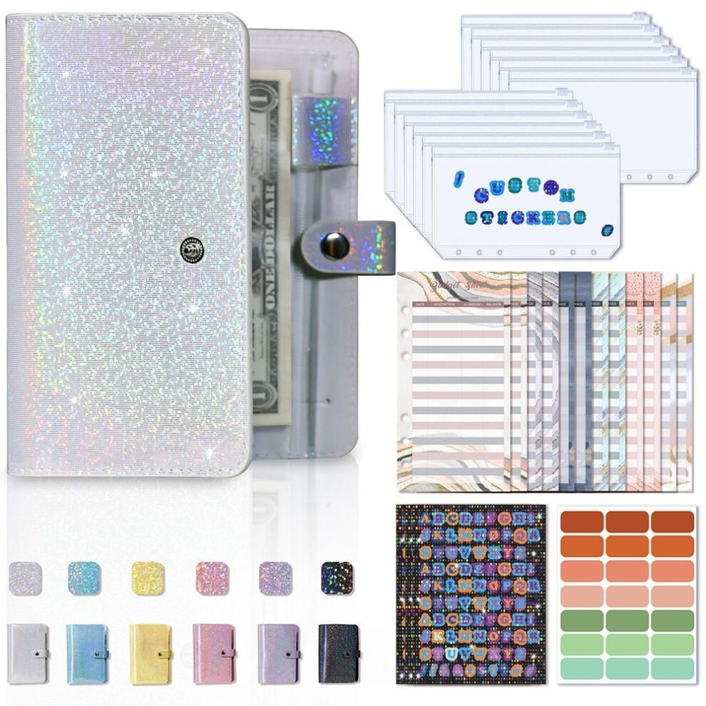 (silver) A6 Notebook Shiny Colorful Money Budget Planner Binder Zipper Cash Envelopes For Budgeting