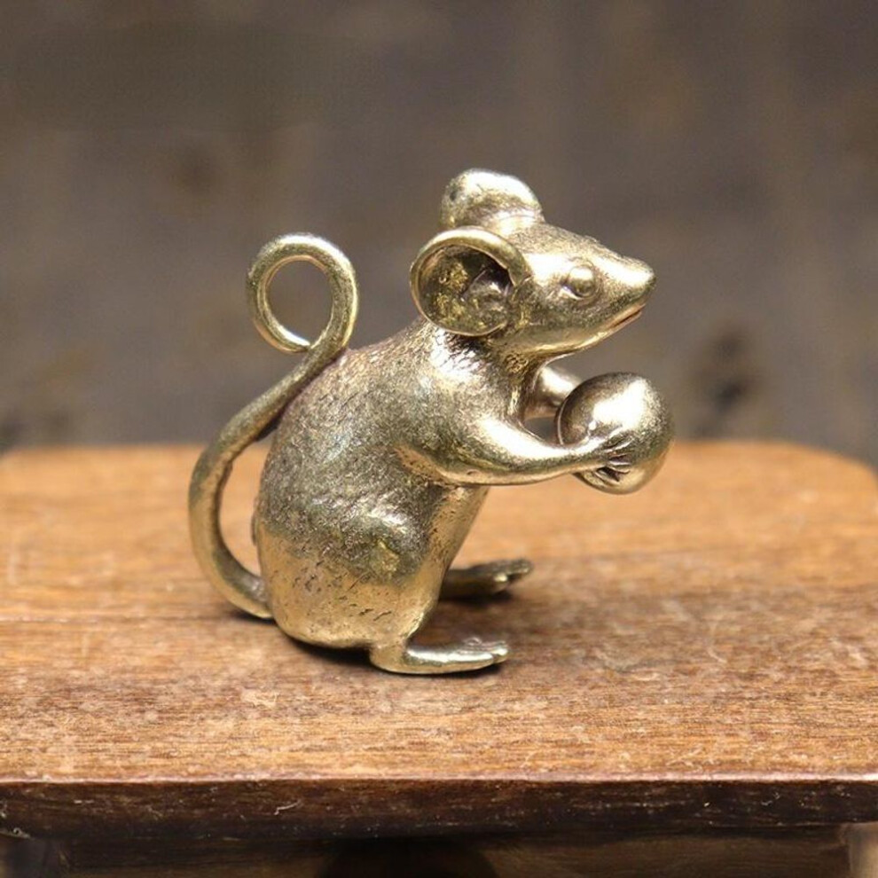 (1pcs) Copper Cute Mouse Peach Miniatures Figurines Tea Pet Table Ornament Crafts Brass Animal Rat Statue Home Decorations Accessories
