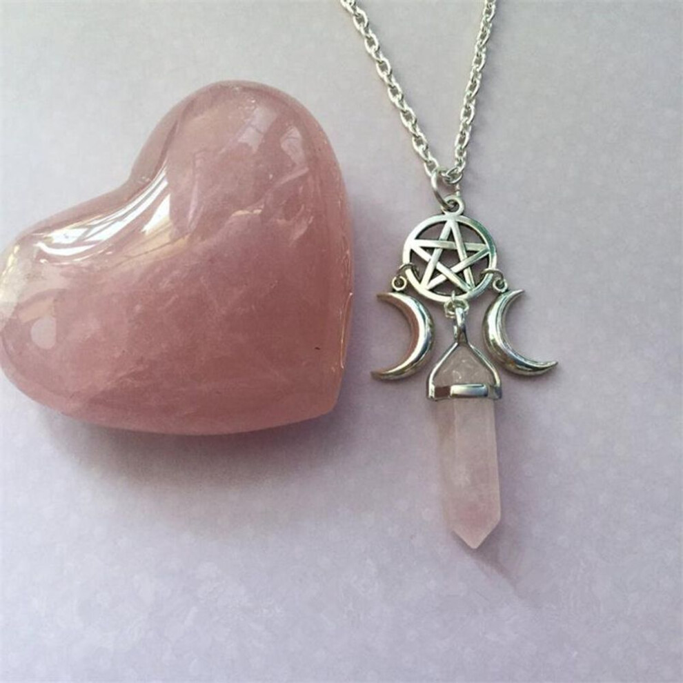 (as the picture, rose quartz) New Triple Goddess Crystal Point Pentacle Moon Natural Stone Pendant Necklace For Women Wiccan Witchcraft Pentagram Jewelry Gifts