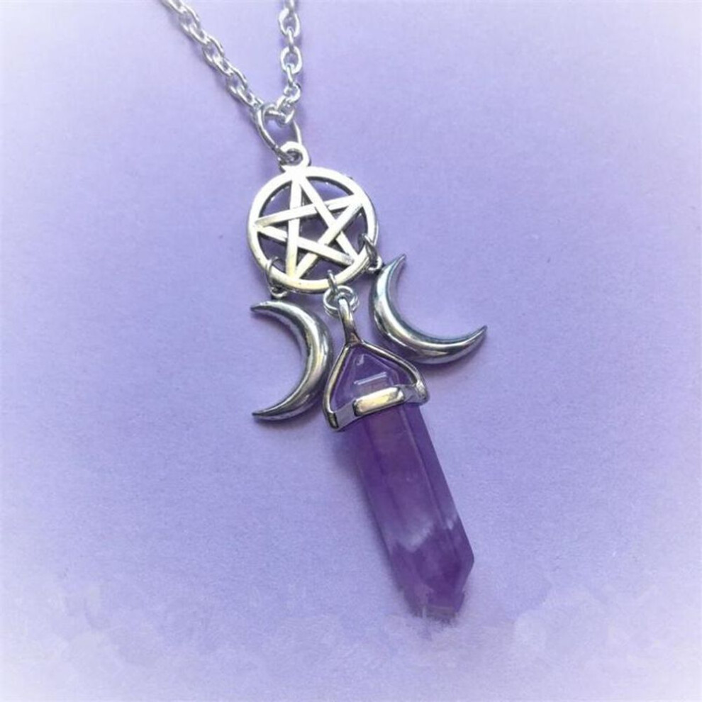(as the picture, amethyst) New Triple Goddess Crystal Point Pentacle Moon Natural Stone Pendant Necklace For Women Wiccan Witchcraft Pentagram Jewelry Gifts