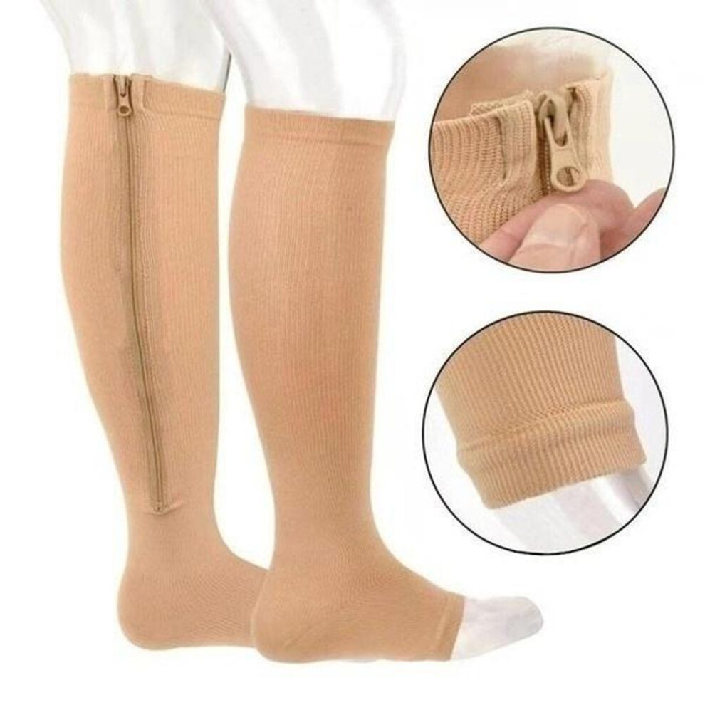 (beige, XXL) Unisex Toeless Compression Socks, Side Zip Up Knee High Socks, Prevention Socks