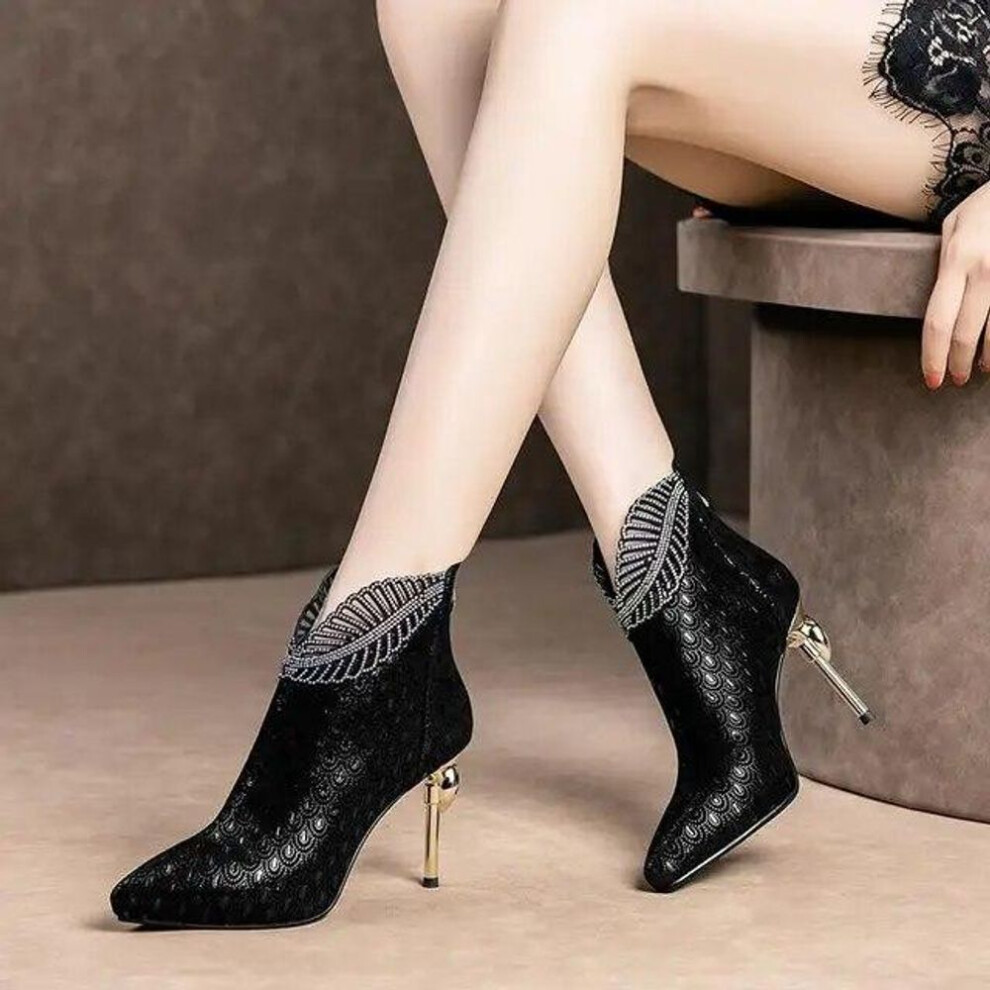 (black, 38) Embossed Leather Boots Woman Ankle Boots Plating Heel Rhinestone Women&apos;s Winter Shoes Female Footware