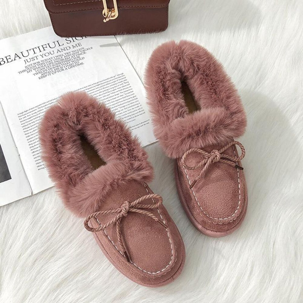 (pink, 36) Women&apos;s Fluffy Cotton Shoes with Thick Sole and Warm Flat Snow Boots