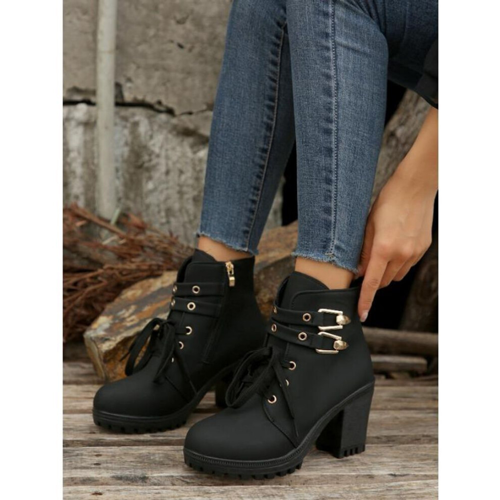 (black, 36) Martin Boots, Women&apos;s Round Toe, Thick Heel, Casual High Sole, Lace Up Short Boots