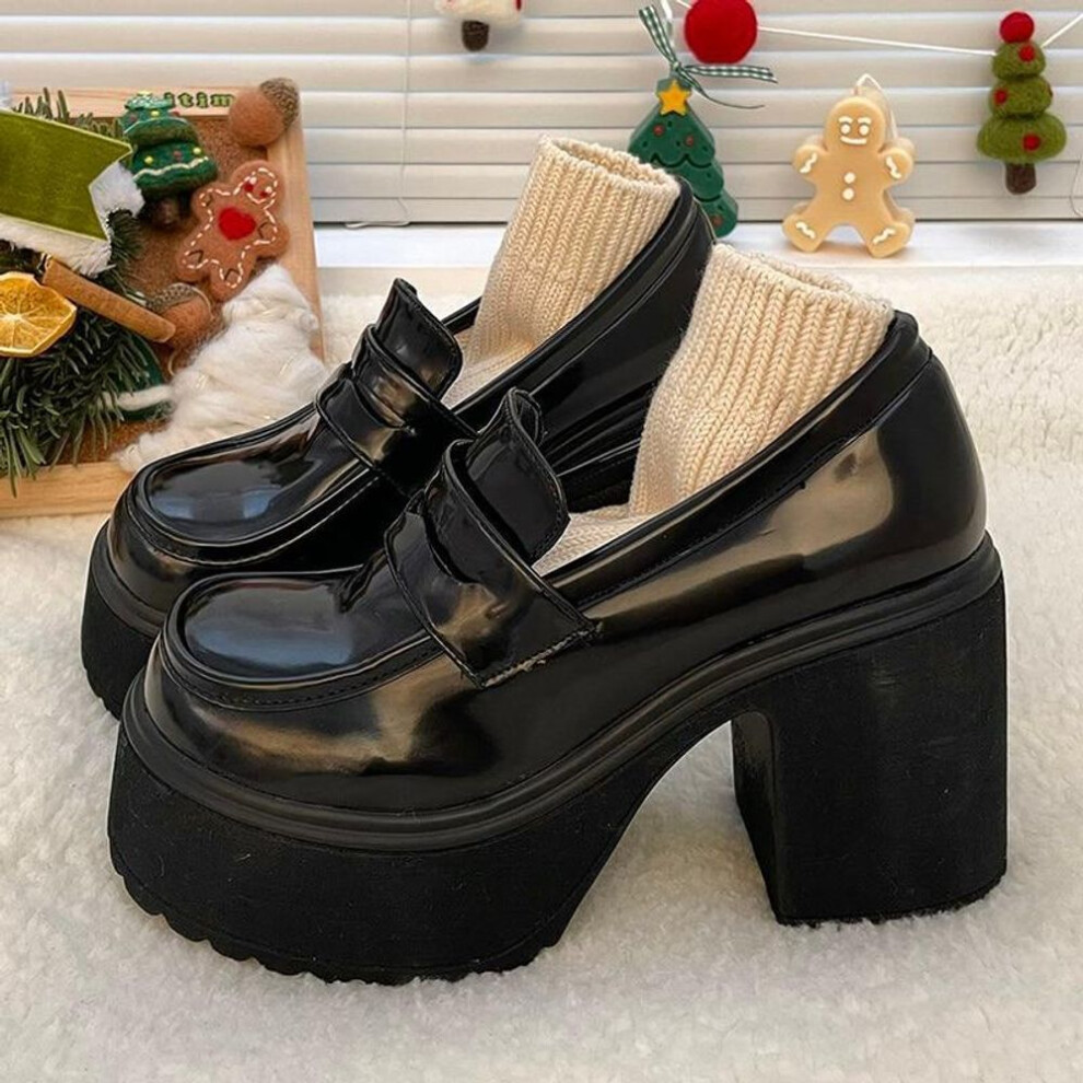 (black, 37) Pu Leather Women&apos;s Platform Loafers Gothic Black Chunky High Heels Pumps Woman Preppy Style Jk Uniform Shoes