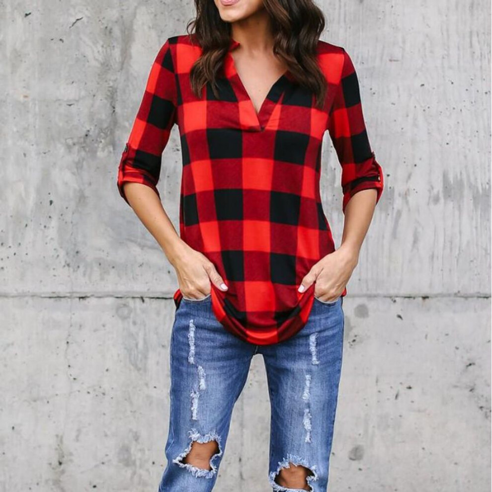 (red, S) Women Fashion Spring Grid Loose V neck Long Sleeve Shirt Casual Sexy Blouse Top
