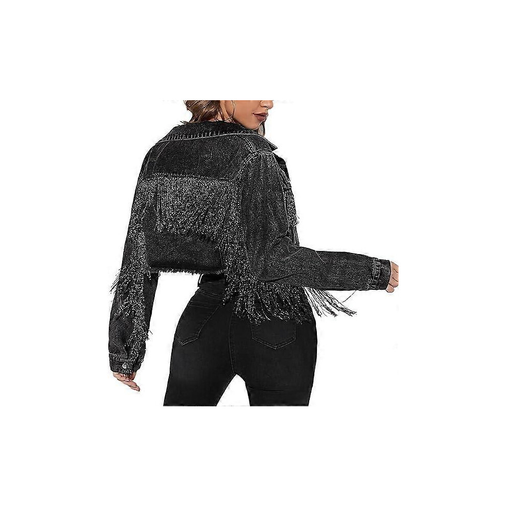 (XS, Black) Women's Raw Hem Ripped Fringe Long Sleeve Crop Denim Jacket