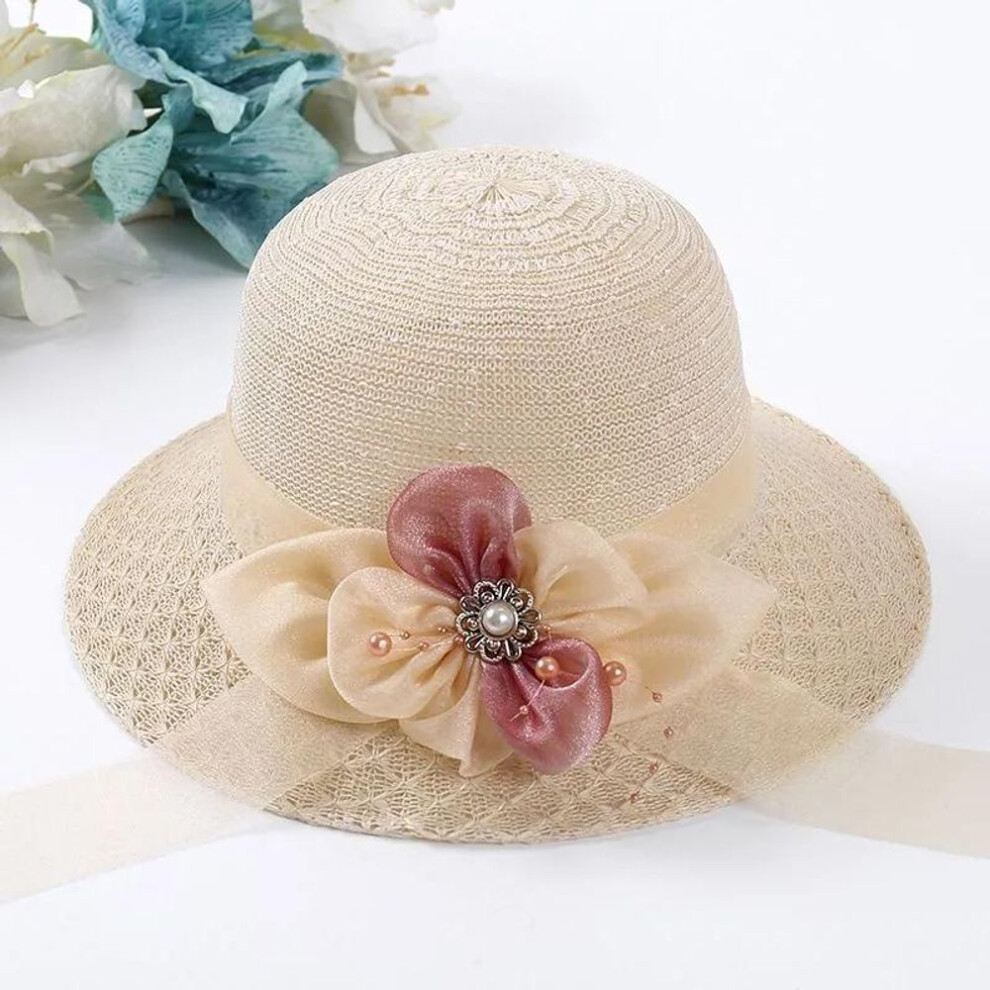 (ivory) Women&apos;s Sun Cap Summer Flower Ribbon Bow Straw Hat Sunscreen Hollow Out Beach Holiday Vacation Anti-uv Hat All-match Sun Hat