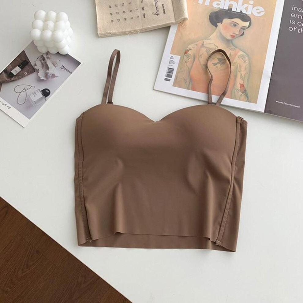 (camel, One Size) Ice Silk Women Spaghetti Camis With Bra Pad Fashion Backless Tank Tops Cute Crop Tops