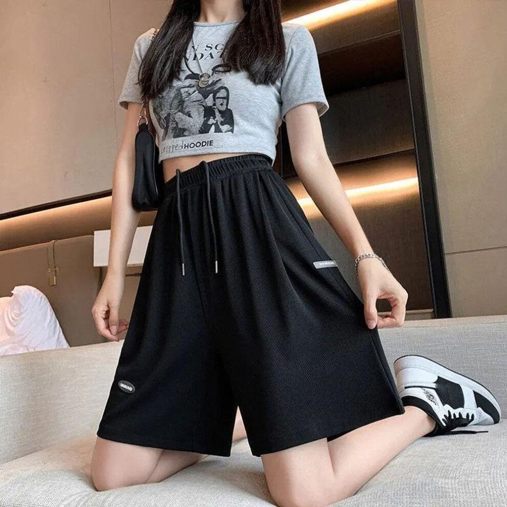 (black, M) Women&apos;s Ice Silk Sports Shorts Summer Thin Section Plus Size High Waist Wide Legs Loose And Thin Girl Five Points Casual Pants Fitness Short