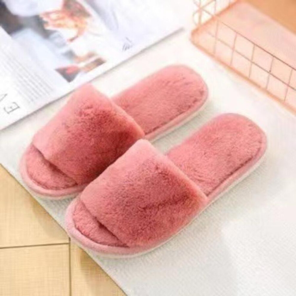 (dark pink, 40-41) Winter Women Winter House Furry Slippers Non-Slip Casual Indoor Flats Floor Shoes Ladies Flip Flops Warm Shoes Solid Colors