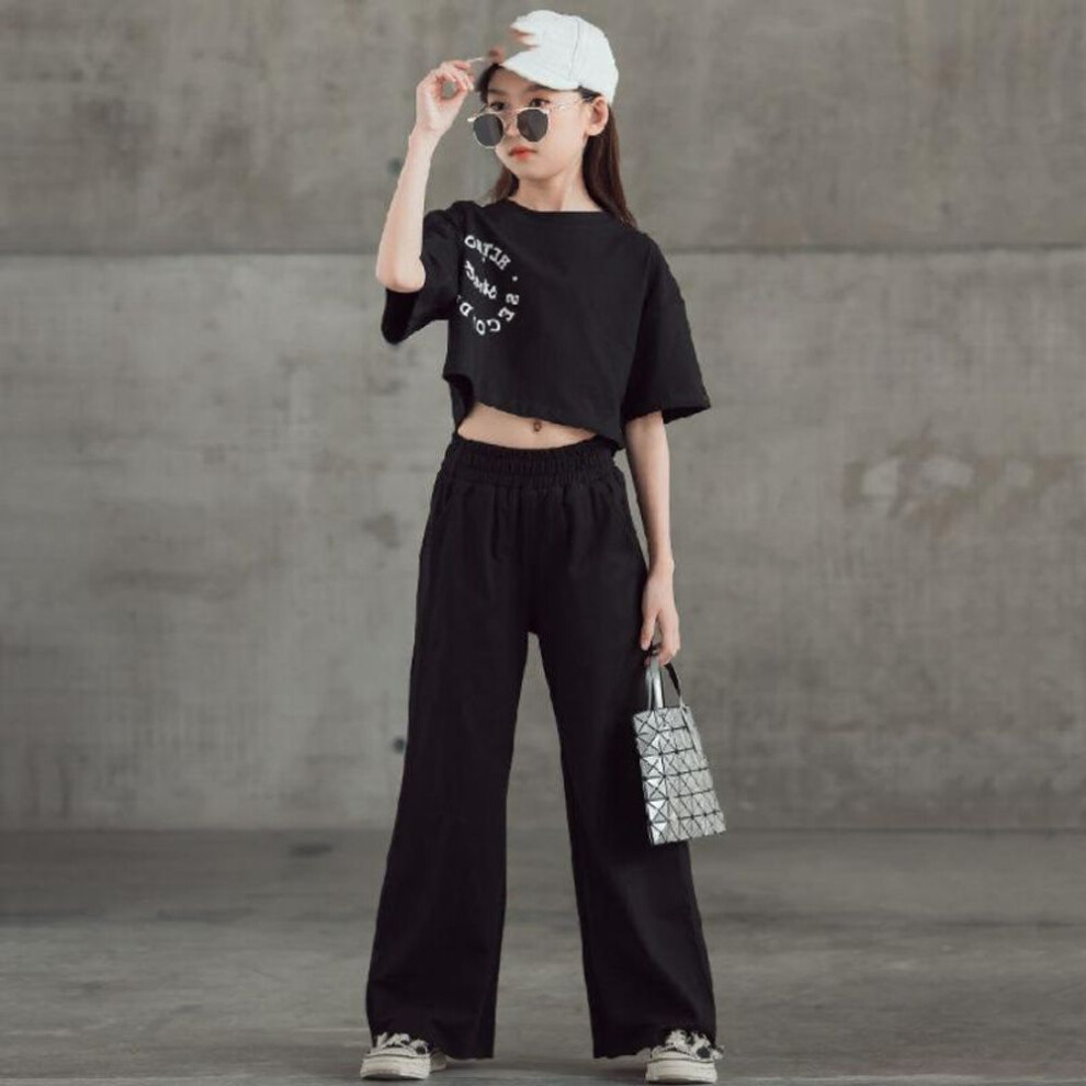(black, 130) Girls Spring and Summer Big Size Casual Sports Suit Running Suit Long-sleeved Top + Pants Two-piece Set