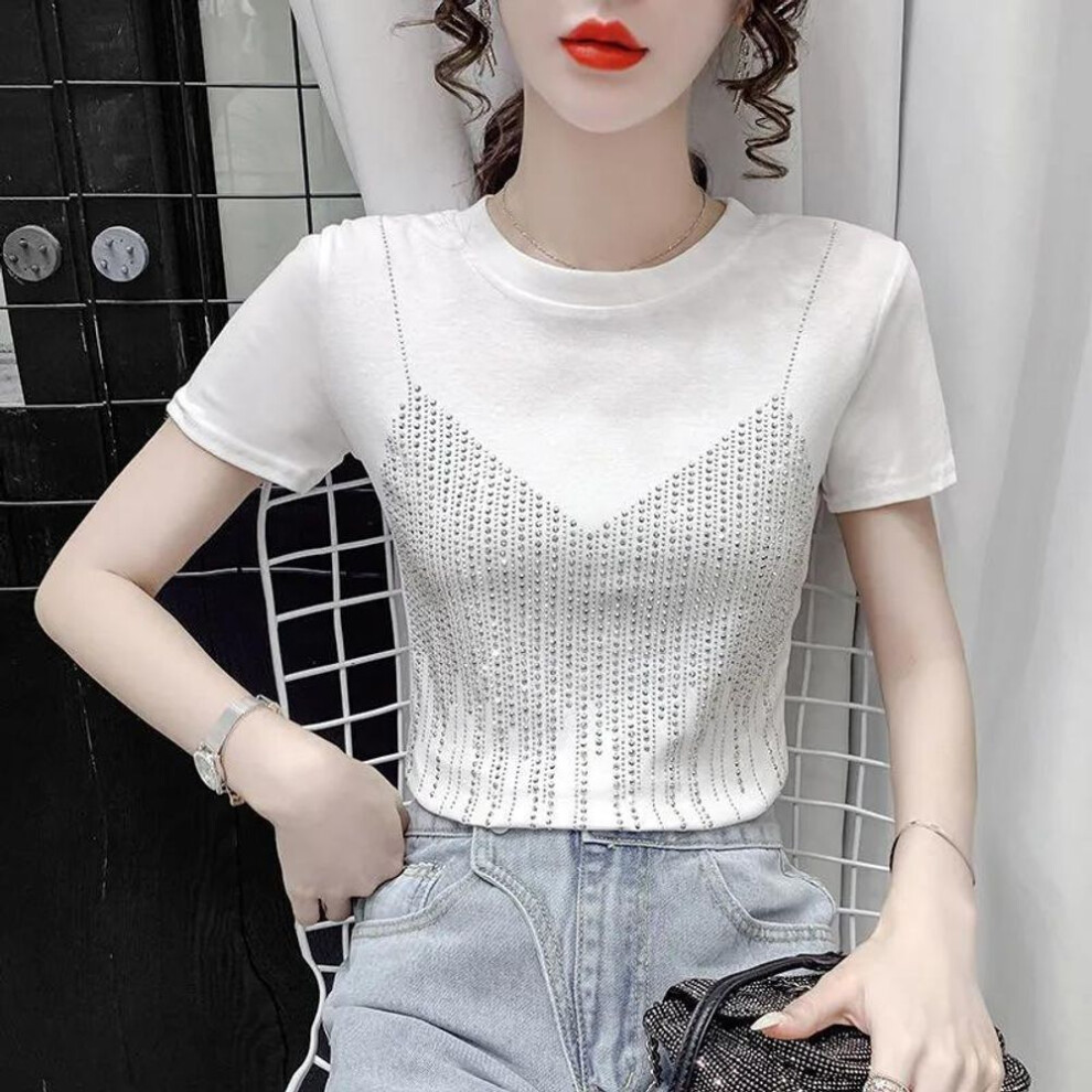 (white, L) Women Casual Solid Color O Neck T-shirt Ladies Streetwear Tees Top Summer Short Sleeve T Shirt