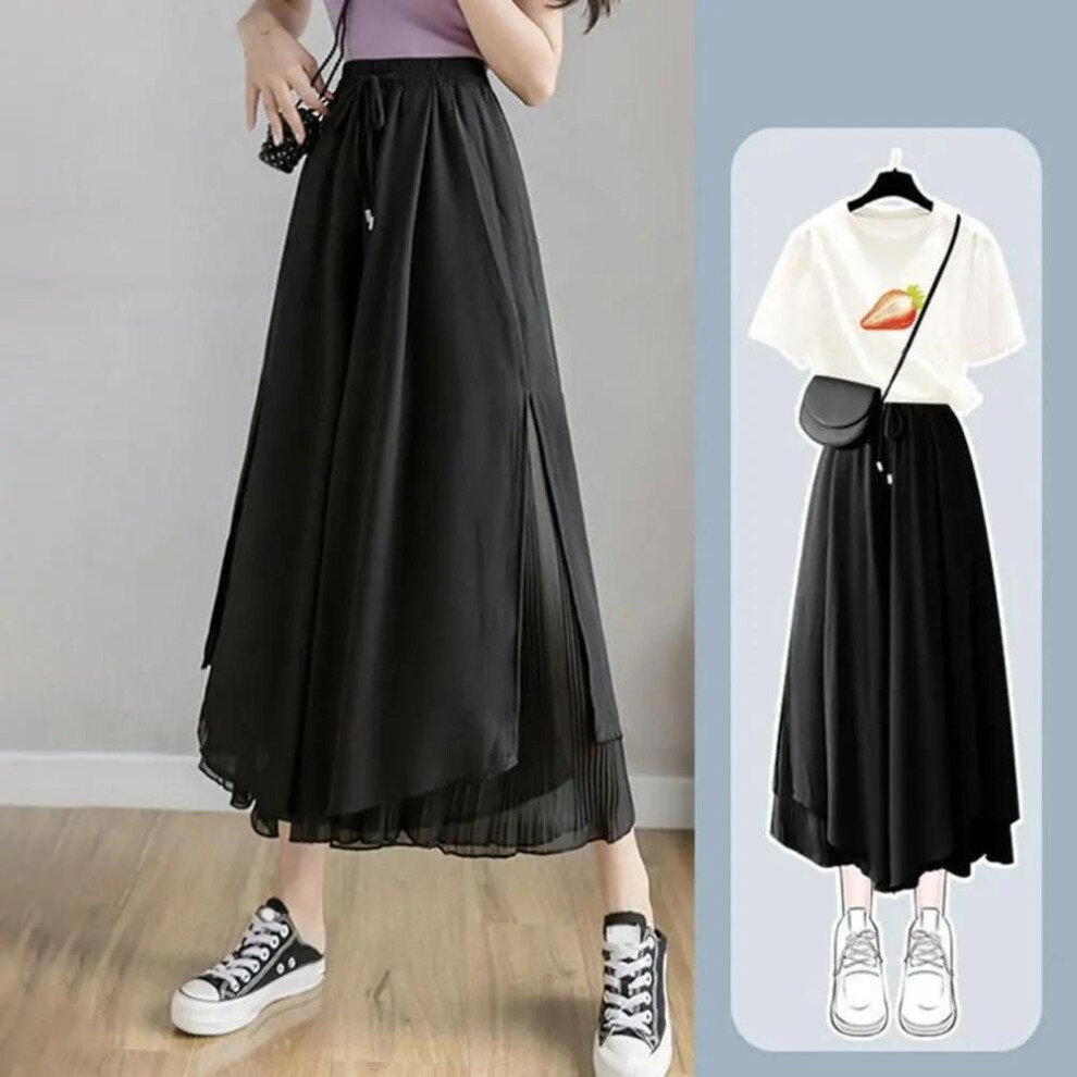 (black, S) Women Pants Culottes Elastic Wide Leg Irregular Hem Double Layers Korean Trousers Summer Casual Loose Pleated Pants