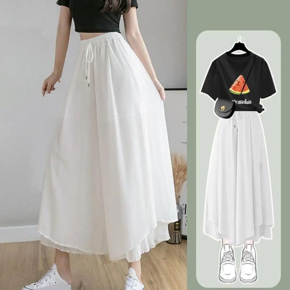 (white, M) Women Pants Culottes Elastic Wide Leg Irregular Hem Double Layers Korean Trousers Summer Casual Loose Pleated Pants