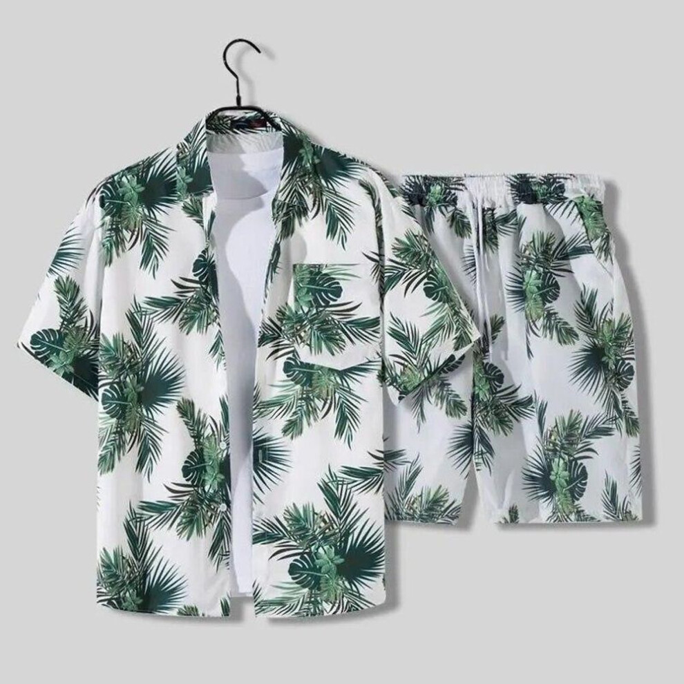 (white, L) Hawaiian Hip Hop Print Shirt Sets Beach Fashion Short Sleeve Tops T-shirt Holiday Shirt Men&apos;s Blouse Plus Size