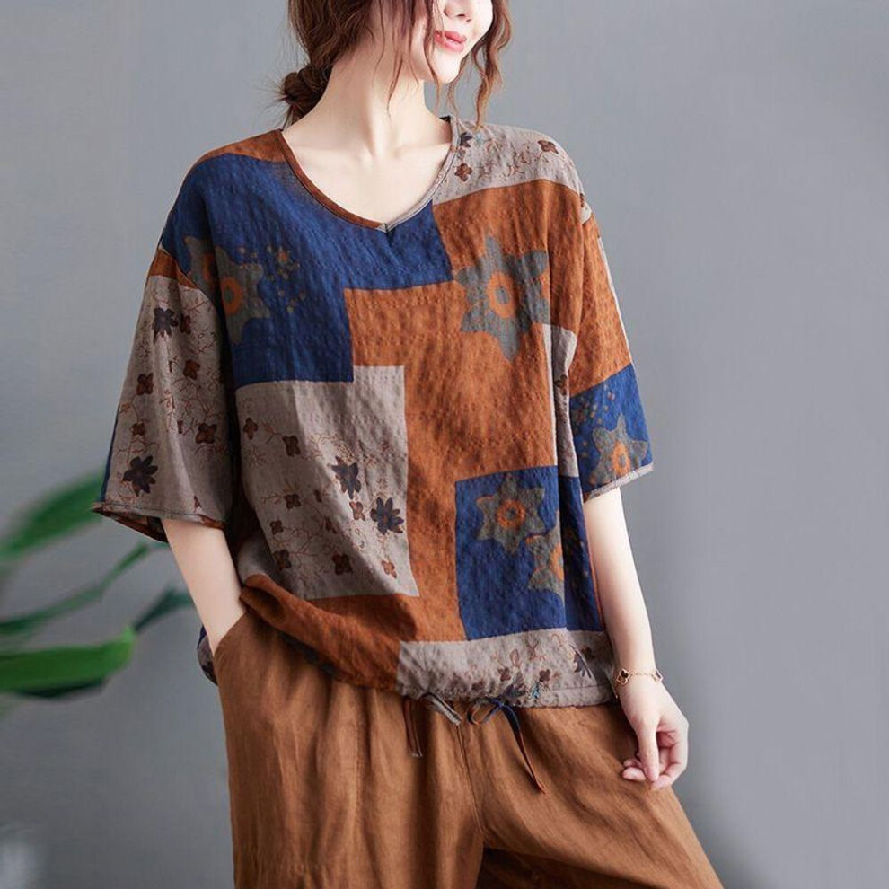 (brown, XXL) Women  Linen V-neck Drawstring T-shirt Summer Thin Middle-aged Loose Printed Short Sleeve Casual Tops