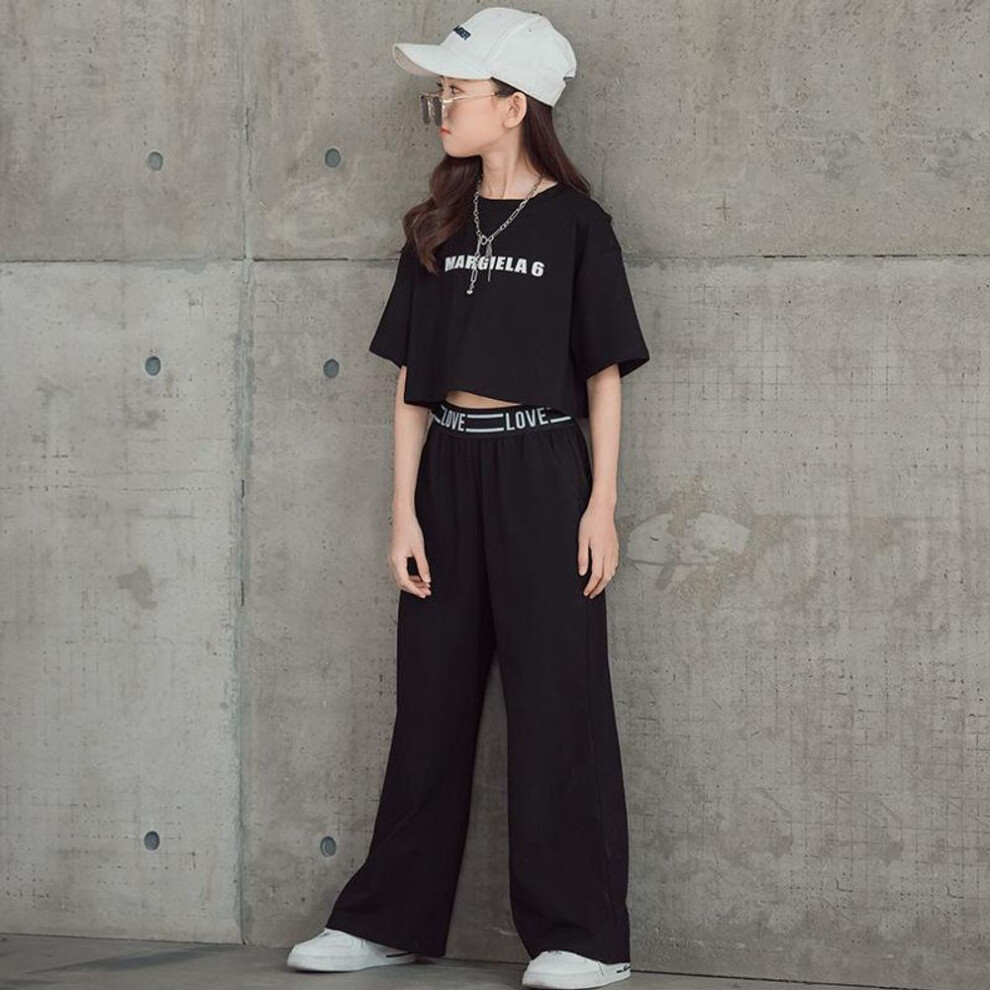 (black, 160) Summer Teen Girls Clothing Sets Children Fashion Letter Tops + Pants 2pcs Outfits Kids Tracksuit