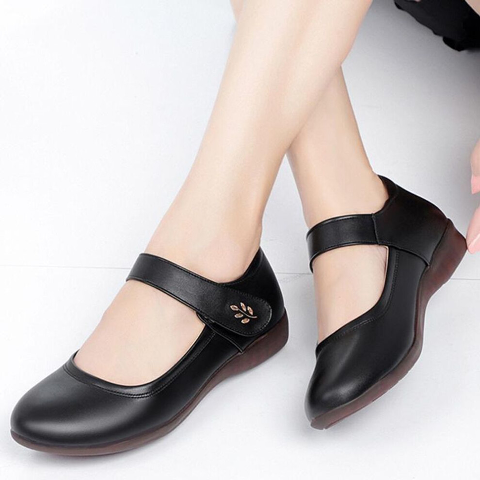 (black, 37) Comfort Soft Bottom Flats Women Spring Flower Ankle Strap Flat Heels Mom Shoes Woman Beige Pu Leather Light Nurse Shoes