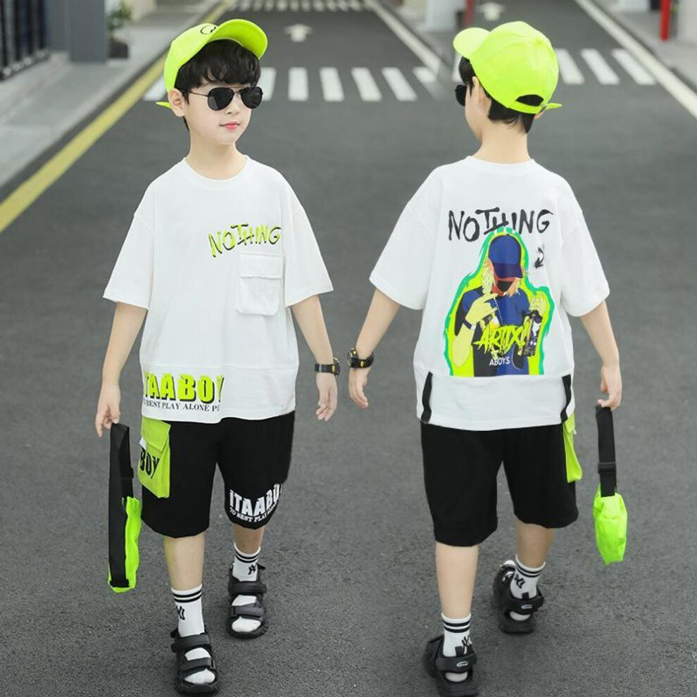 (white, 120) Boys Summer Suit Baby Hip Hop Short Sleeve + Pants 2piece Children Cotton Sportswear Kid Boys Clothing Set