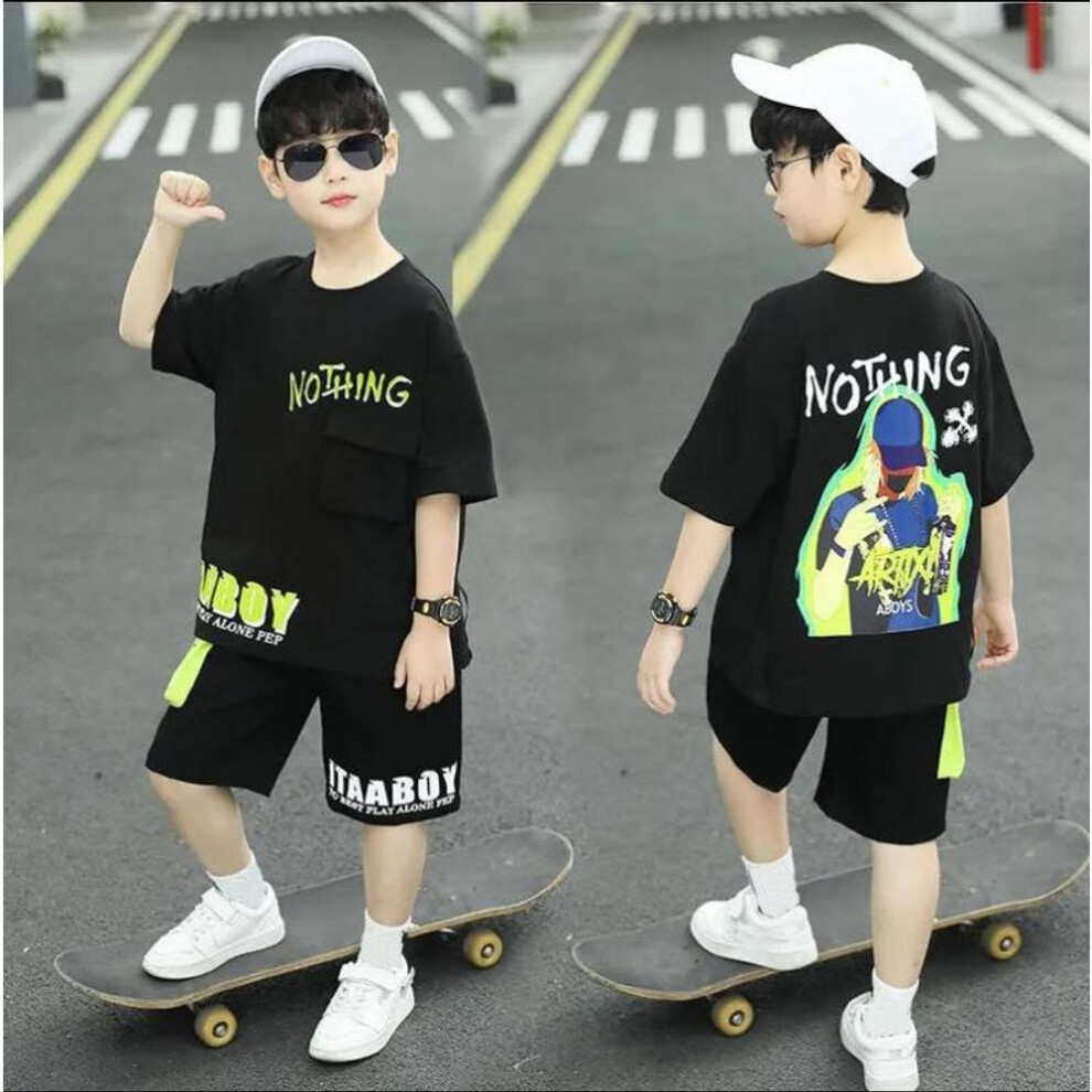 (black, 160) Boys Summer Suit Baby Hip Hop Short Sleeve + Pants 2piece Children Cotton Sportswear Kid Boys Clothing Set