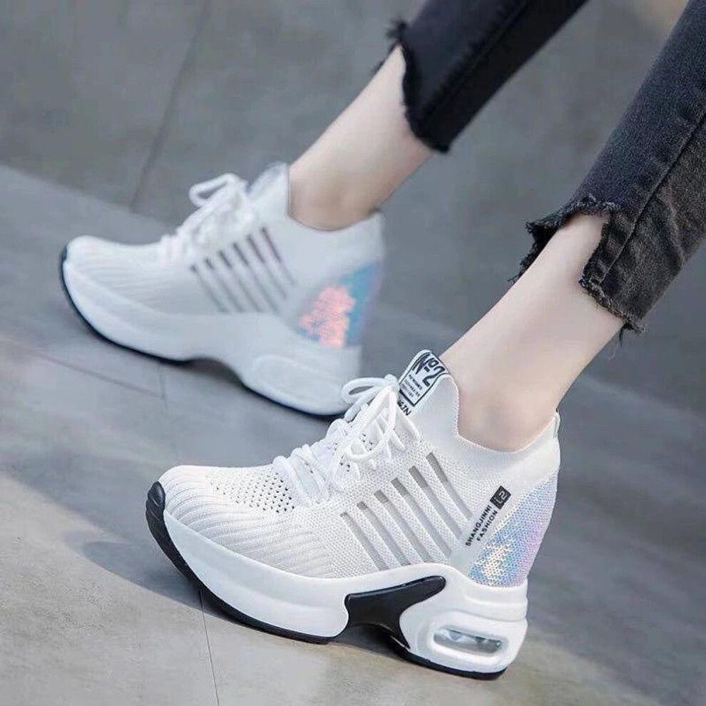 (white, 40) Women Platform Heels Wedges Height Increasing Knitted Ladies Vulcanized Shoes Women&apos;s Sneakers Sequined Casual Shoes Plus Size