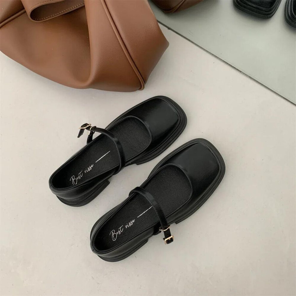 (black, 37) Mary Jane Shoes Women Square Toe British Style Small Leather Shoes Women Thick Heels Elegant Shallow Footwear Fashion Lady Shoes