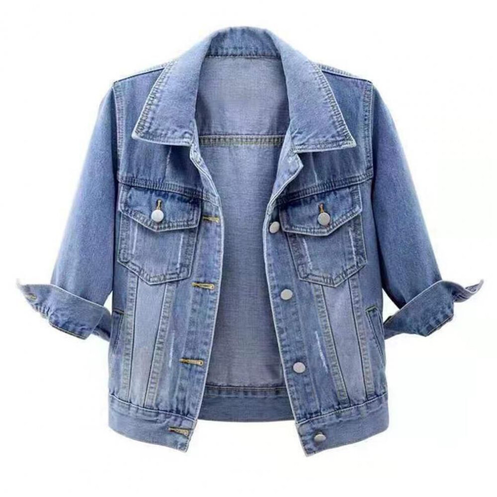 (blue, M) Women Denim Jacket Lapel Flap Pockets Denim Coat Single Breasted Casual Short Coat Lady Outerwear Plus Size