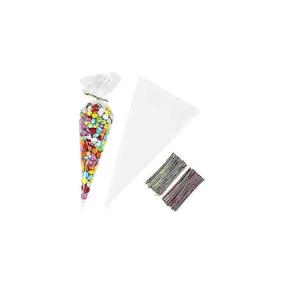 Cone Cellophane Bags,5x10 Inches 200 Pcs Plastic Popcorn Cone Bags for Party, Clear Cone Shaped Treat Bags with Twist Ties
