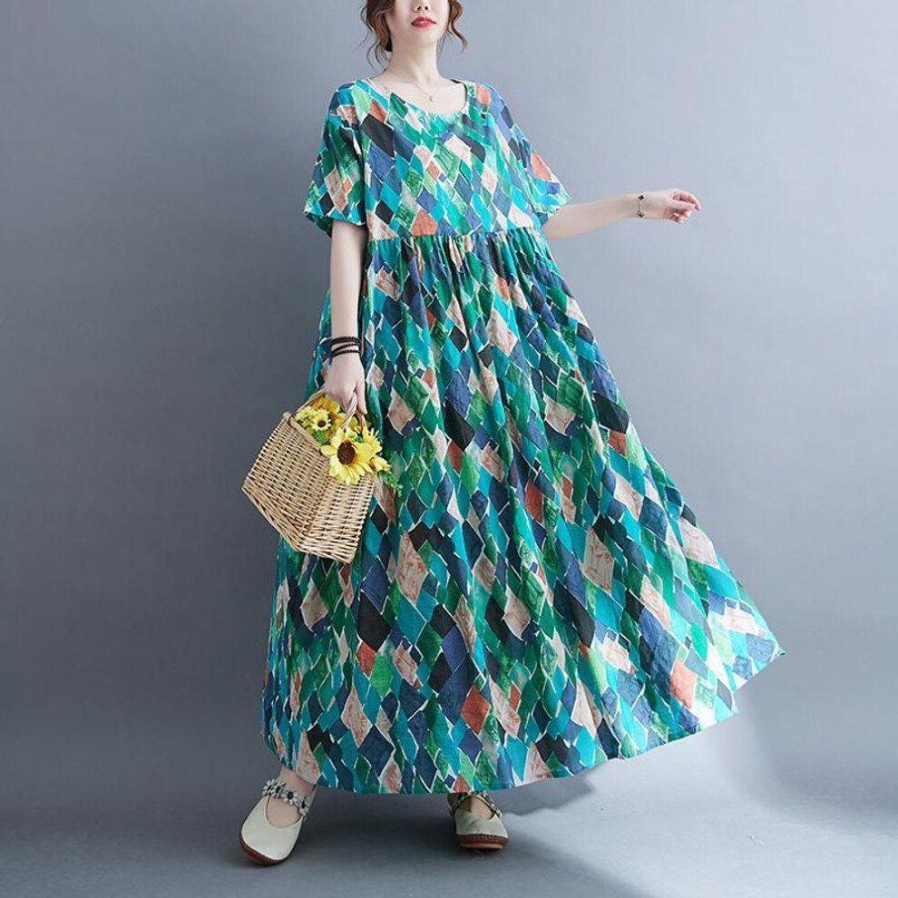 (green, One Size) Dimanaf Women Dress Summer Plus Size Beach Sundress Linen Bohemian Print Flowers Fashion Lady Vestidos Loose Casual Long Dress Oversize 9063