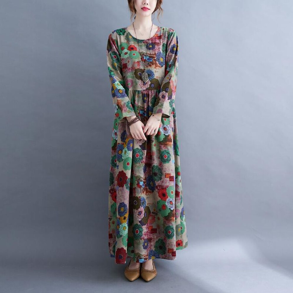 (tan, 2XL) Dimanaf Plus Size 2021 New Autumn Dress Women Linen Dress Floral Elegant Casual Long Sleeve Maxi Loose Vintage Oversize Dresses Clothing 9020