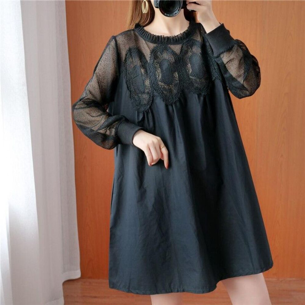 (black, XXXL) Dimanaf 2022 Oversize Summer Style Dress Women Female Lace Sexy Loose Asymmetrical Hems O-neck Women Black White Casual Dress