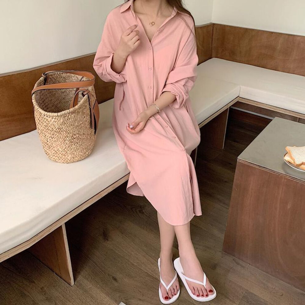 (pink, L) Dimanaf 2024 New Summer Shirt Dress Women Plus Size Sundress Cardigan Linen Solid Dress Elegant Lady Casual Loose Oversize Clothing