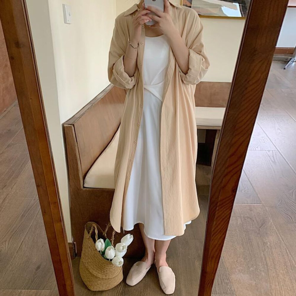 (beige, L) Dimanaf 2024 New Summer Shirt Dress Women Plus Size Sundress Cardigan Linen Solid Dress Elegant Lady Casual Loose Oversize Clothing