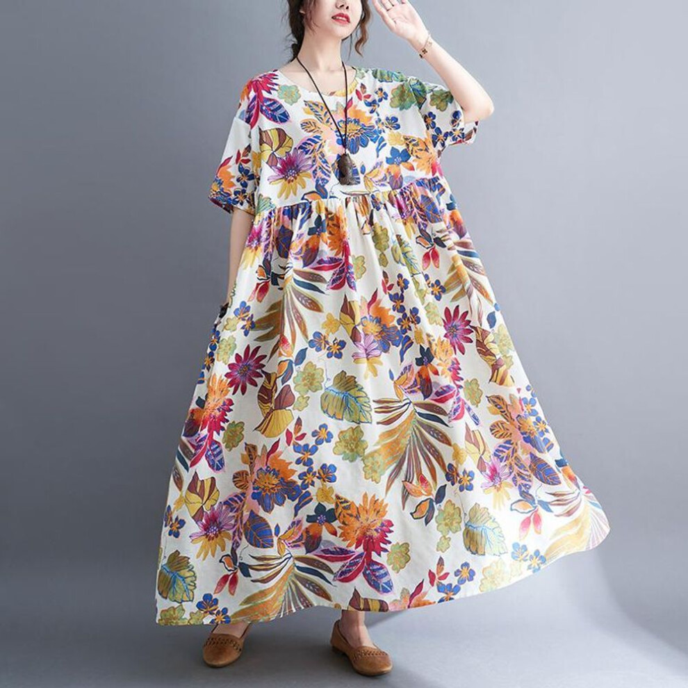 (beige, One Size) Dimanaf Plus Size Summer Dress Floral Print Casual Women Clothing Big Size 2022 New Casual Linen Short Sleeve O-neck Dress
