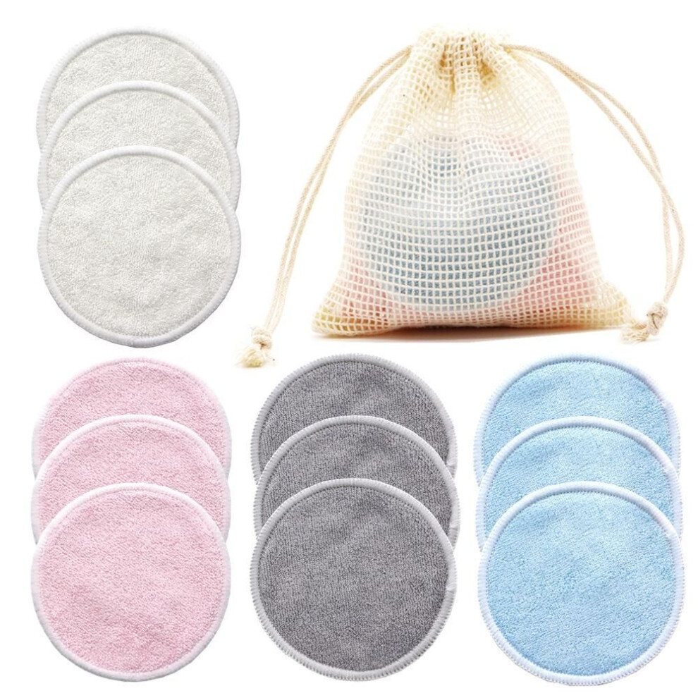 (Gray) Reusable Bamboo Makeup Remover Pads 12pcs Washable Rounds Cleansing Facial Cotton Make Up Removal Pads Tool