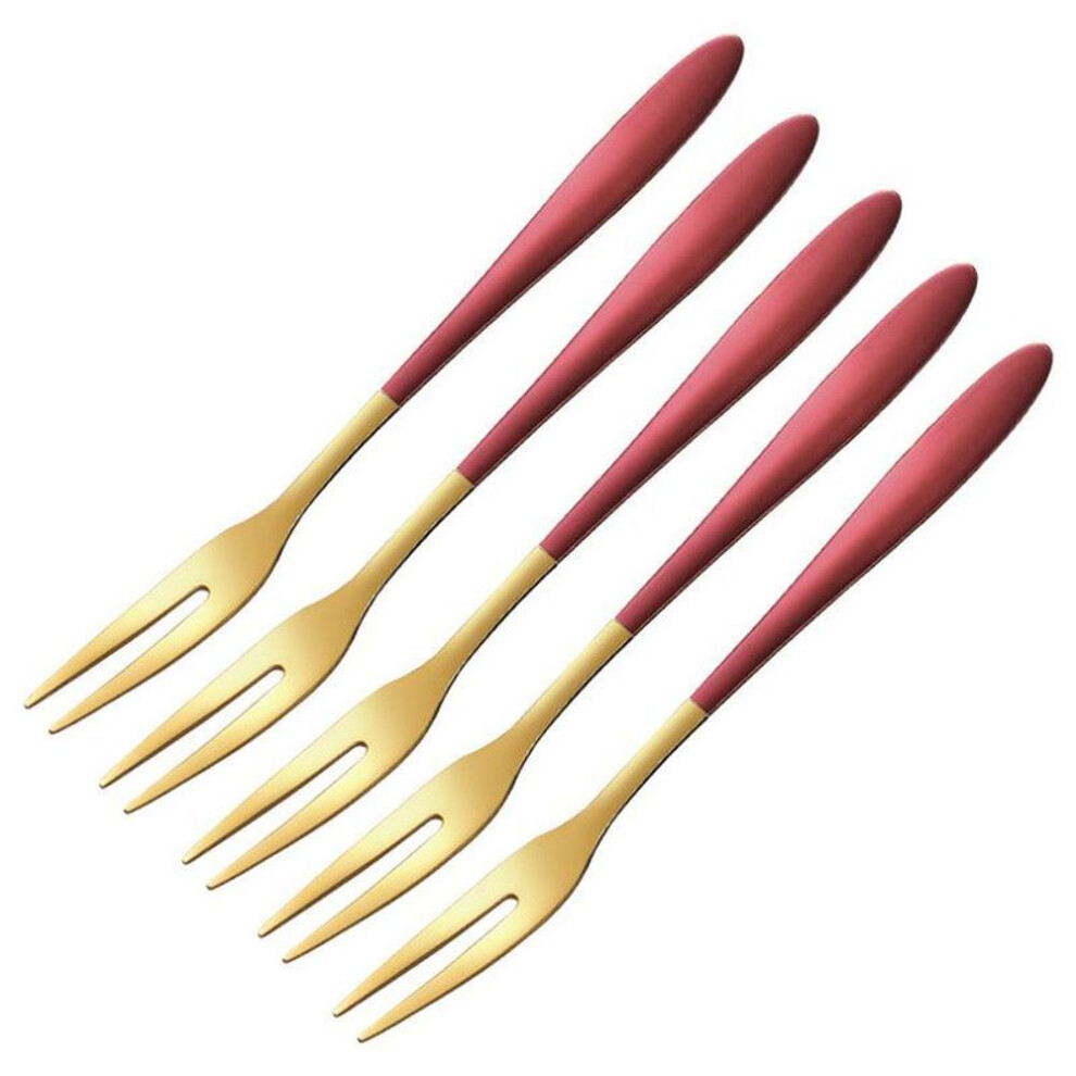 (red) 5 Pcs Fruit Fork Luxury Stainless Steel Gold Cake Dessert Forks Lovely Mini Fork Used For Cake In Party Snail Fork Restaurant