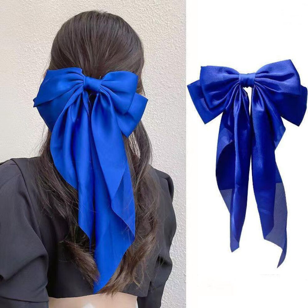 (blue) Large Bow Hairpin for Women Girls Summer Chiffon Big Bowknot Stain Bow Barrettes Solid Color Ponytail Clip Hair Accessories