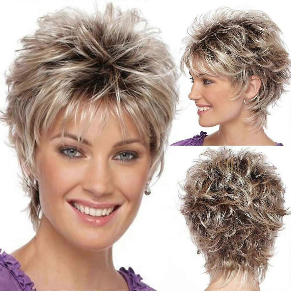 Fashion Women Ombre Silver Pixie Cut Short Hair Wig Fluffy Boycut Full Wigs