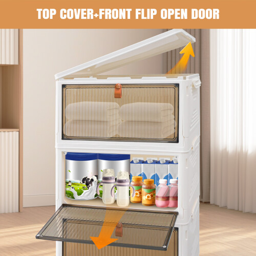 (3 Tier) Stackable Storage Boxes with Lids & Wheels Plastic Storage Organizer with Front Doors for Home, Office, Bedroom, Bathroom & Living Room