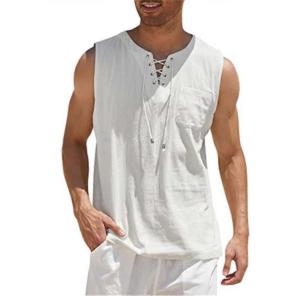 (M, White) Men Vintage Solid Sleeveless Lace Up Crew Neck Vest Casual Tank Tops Summer