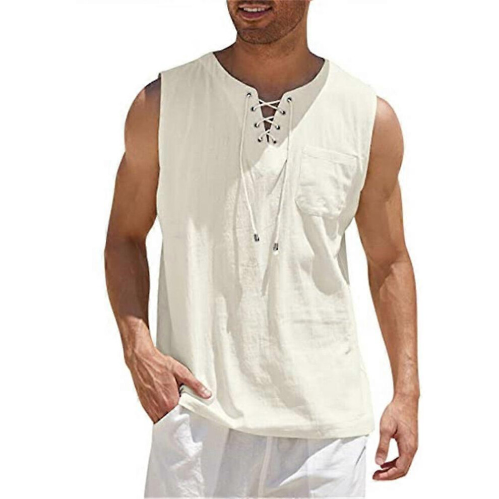 (L, Apricot) Men Vintage Solid Sleeveless Lace Up Crew Neck Vest Casual Tank Tops Summer