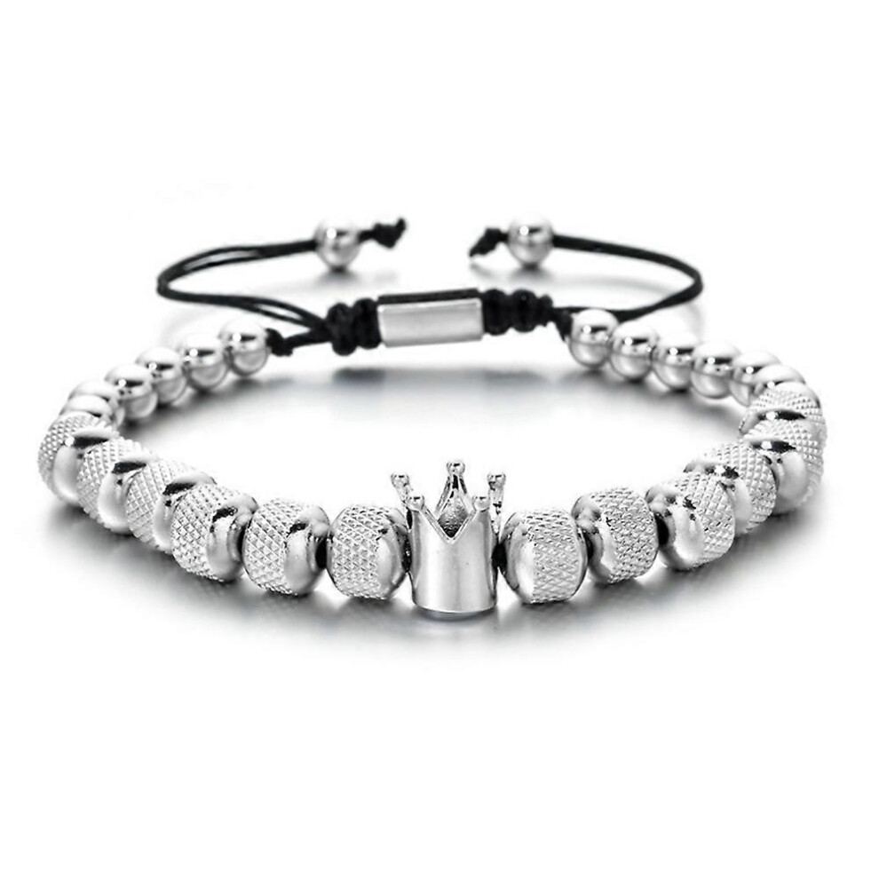 (Silver) Crown Fashion Bracelet Jewelry Gifts For Men Boyfriend Husband Son Adjustable Crown Beaded Bracelets