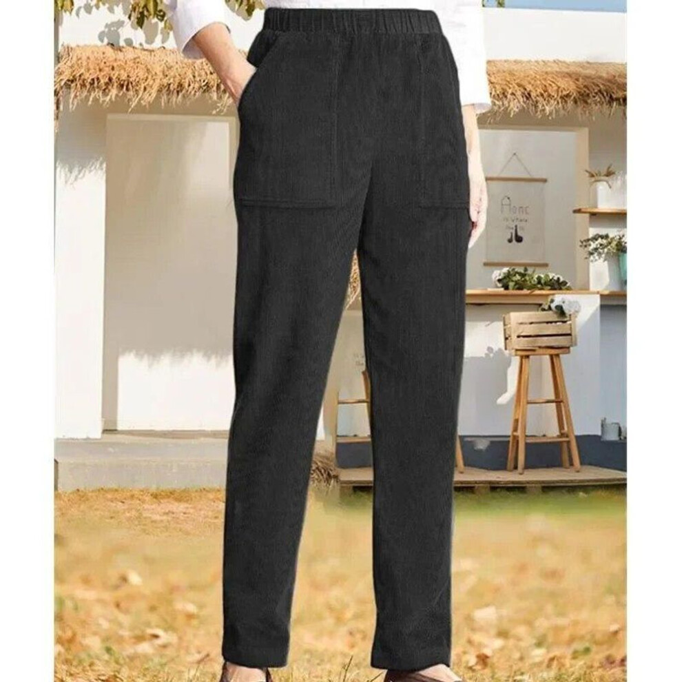 (black, XXXL) Autumn Winter Casual Corduroy Solid Color Elastic Waist Stripe Straight Long Pants Women Fashion Loose Fit Warm Trousers 30123