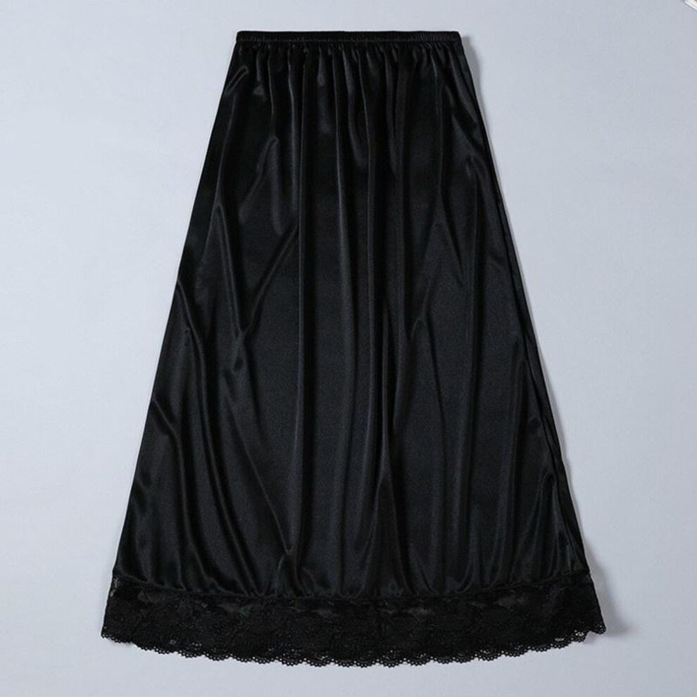 (black, one size) Women Satin Faux Silk Petticoat Underskirt Under Dress Half Slip Midi Lace Skirt