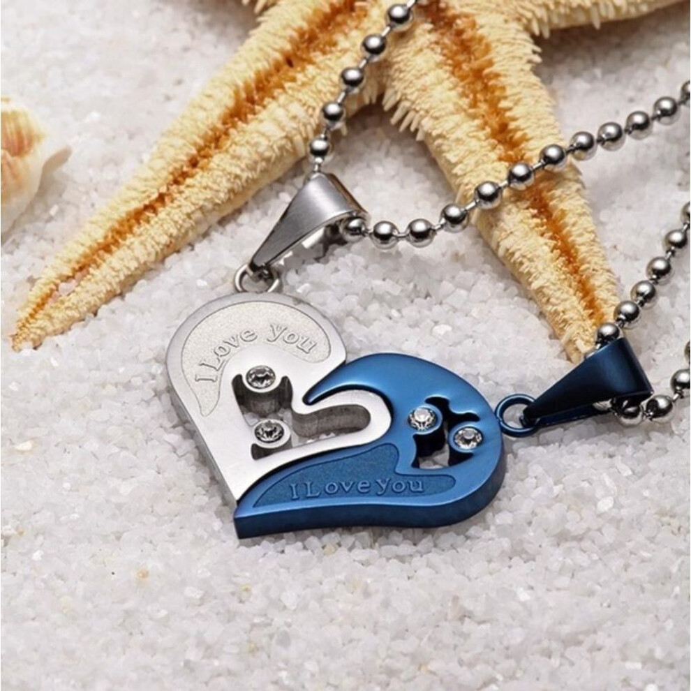(silver,blue, 1 Pair) 1Pair I Love You for Couple Iron Chain Black Heart Love Necklaces Fashion Trendy Paired Suspension Pendants