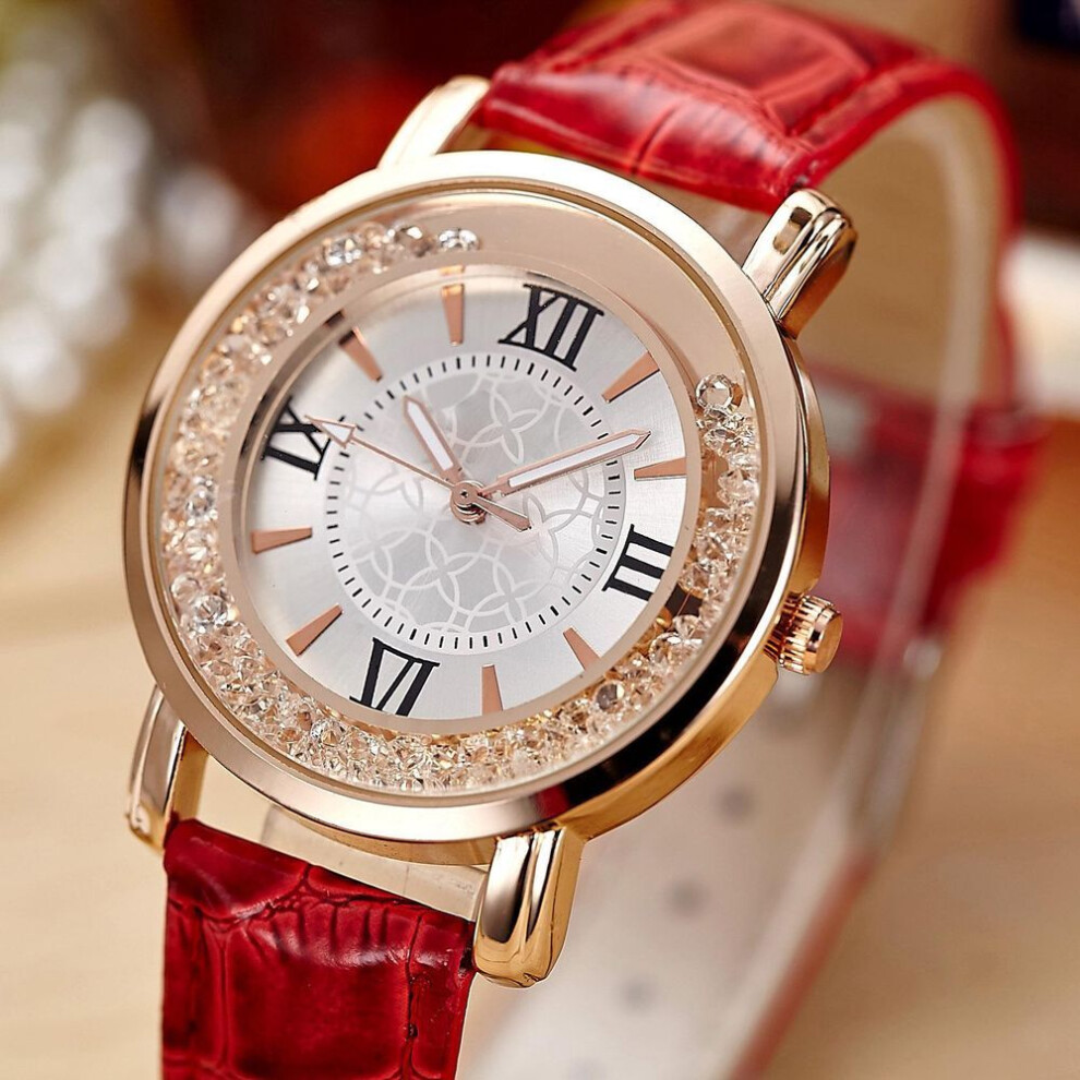 (red) Women Fashion Leisure Set Auger Leather Analog Stainless Steel Watch