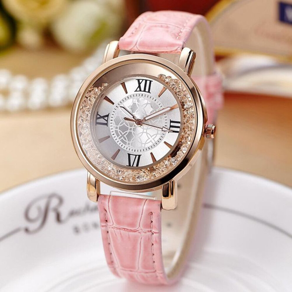 (pink) Women Fashion Leisure Set Auger Leather Analog Stainless Steel Watch