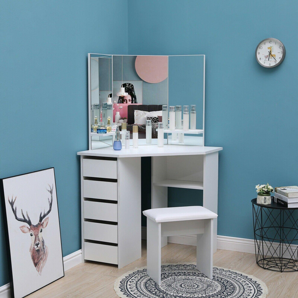 Corner Dressing Table Makeup Vanity 5 drawers and stool (White)